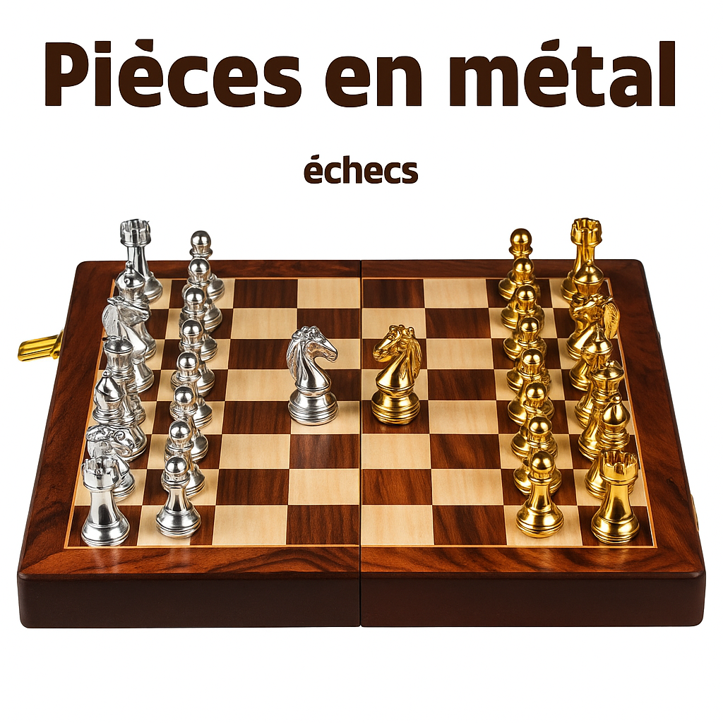 Échiquier Premium coffret bois & pièces métal (argent / Or)